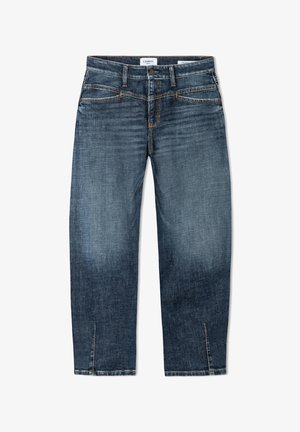 Jean en denim bleu foncé avec poches avant, passants de ceinture, fermeture à boutons et petites fentes en bas des jambes droites.