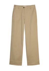 Beige wijde broek gemaakt van een katoenmix, met voorzakken, een knoopsluiting en een gladde textuur zonder patronen.