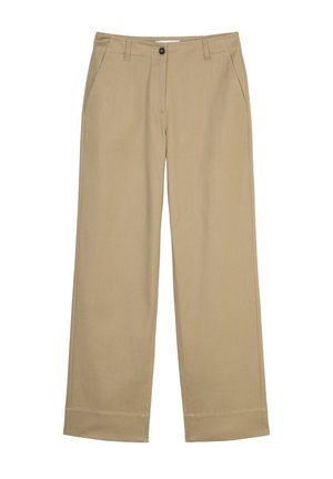 Beige wide-leg trousers made of cotton blend fabric, featuring front pockets, a button closure, and a smooth texture with no patterns.