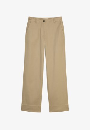 Beige wijde broek gemaakt van een katoenmix, met voorzakken, een knoopsluiting en een gladde textuur zonder patronen.