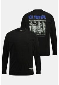Zwarte sweatshirt met een ronde hals en lange mouwen. De voorkant is eenvoudig, de achterkant toont een grafisch ontwerp met tekst en een afbeelding van Wall Street.