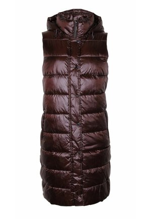 Lang mørkebrun quiltet vest uden ærmer med hætte, frontlynlås og trykknaplukning.