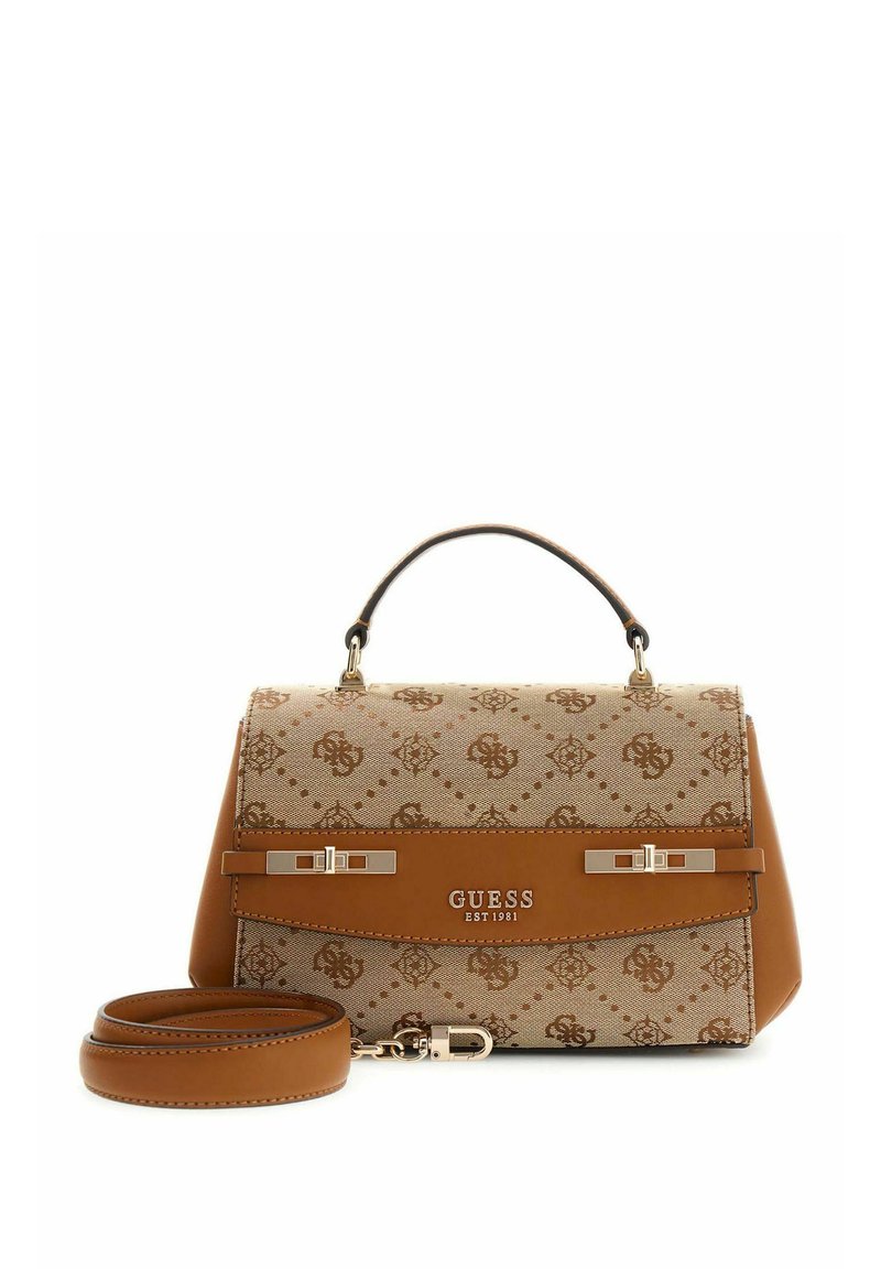 Sac à main synthétique couleur tan avec partie supérieure beige à motifs, forme rectangulaire, poignée supérieure et bandoulière amovible. Comprend des accents métalliques et un logo.