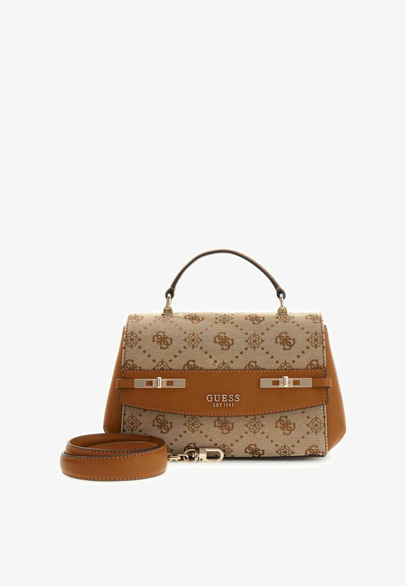 Sac à main synthétique couleur tan avec partie supérieure beige à motifs, forme rectangulaire, poignée supérieure et bandoulière amovible. Comprend des accents métalliques et un logo.