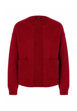Rot gestrickte Strickjacke mit gerippter Textur, offenem Vorderteil und zwei frontalen Taschen. Hat einen runden Ausschnitt und eine lockere Passform.