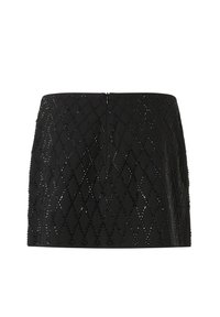 Crna mini suknja s uzorkom dijamanta od malih crnih perlica, središnje zatvaranje na patentni zatvarač na leđima.