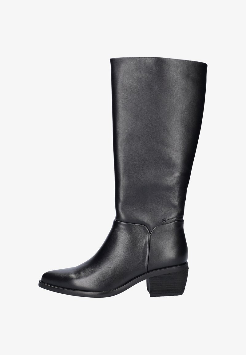 Bottes en cuir noires jusqu'aux genoux avec une texture lisse, un bout rond, un petit talon empilé et un design minimaliste, mettant en avant des accents de couture subtils.