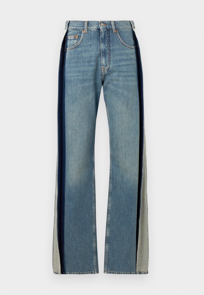 Jeans a gamba larga blu chiaro con design bicolore e pannelli laterali blu scuro e grigi, in tessuto di cotone e con la classica stile a cinque tasche.