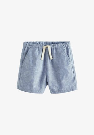 Helleblaue Leinen-Shorts mit einem elastischen Bund und Kordelzug. Verfügt über zwei Seitentaschen und eine glatte Textur. Klassisches, lässiges Design.