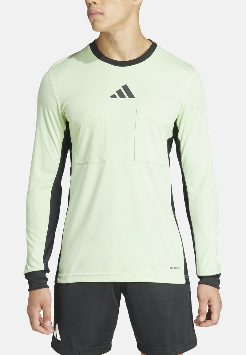 Lichtgroen sportshirt met lange mouwen en zwarte accenten, voorzien van twee voorzakken en een geborduurd logo op de borst.