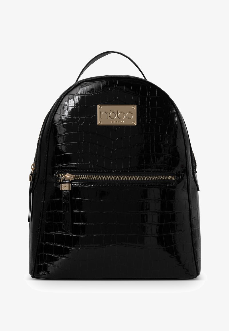 Black faux leather backpack with a crocodile texture, gold hardware, front zipper pocket, and a logo plate. Rounded shape with adjustable straps.