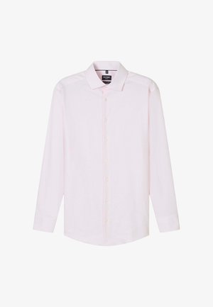 Lichtroze herenoverhemd met lange mouwen, knoopsluiting aan de voorkant en klassieke kraag, plat uitgestald tegen een witte achtergrond.