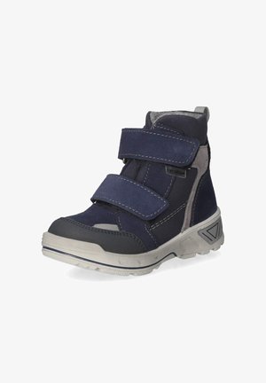 Navyblauwe winterlaars voor kinderen met twee brede klittenbandsluitingen, gevoerde enkelsluiting en dikke profielzool.