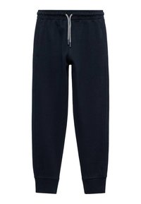 Námořnické modré tepláky vyrobené z měkké látky, s elastickým pasem na šňůrku a manžetami na kotnících. Obsahují dvě boční kapsy.