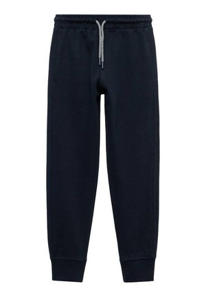 Un pantalon de survêtement bleu marine en tissu doux, avec une taille élastique dotée d'un cordon de serrage et des poignets aux chevilles. Deux poches latérales sont incluses.