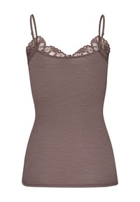 Brown sleeveless camisole with lace trim along the neckline. Ribbed texture, adjustable spaghetti straps, and a fitted shape.