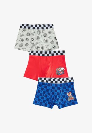Three pairs of boys' boxer shorts: grey with black graphics, red with a Mario print, blue with checkerboard pattern and Mario details on waistband.