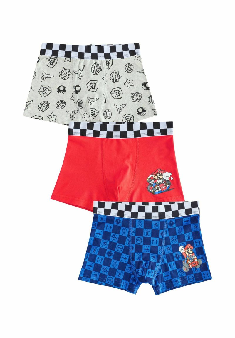 Tre par drenges boxer shorts: grå med sorte grafikker, rød med Mario print, blå med ternet mønster og Mario detaljer på taljebåndet.