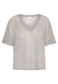 Top a maniche corte a collo a V di colore argento chiaro, con un tessuto testurizzato e scintillante e una vestibilità rilassata. Accentuato da un leggero brillante in tutto il capo.