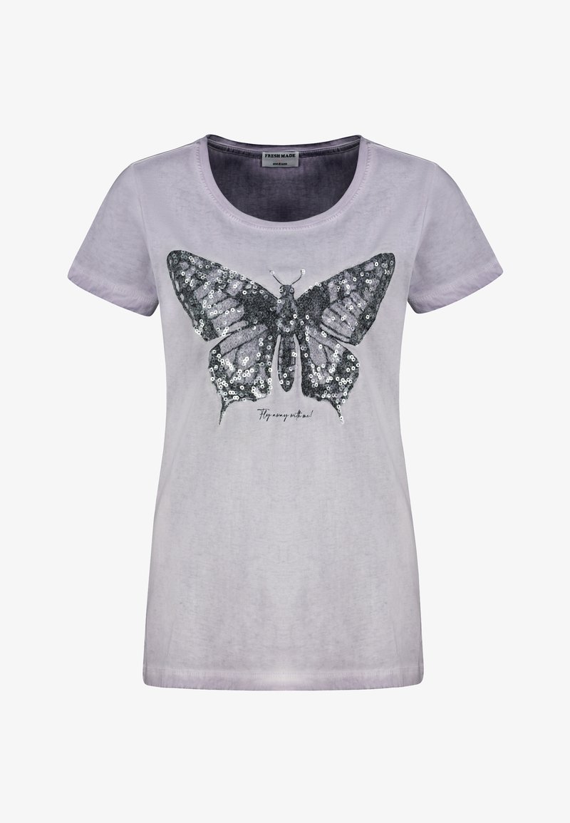 Hellblaues Baumwoll-T-Shirt mit einem großen, mit Pailletten besetzten, schwarzen Schmetterlingsmotiv auf der Vorderseite und dem Text "Flieg mit mir!" darunter.