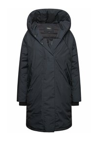 Parka negra acolchada con una gran capucha, cierres de cremallera y a presión, y bolsillos laterales. Textura suave con un acabado ligeramente brillante.
