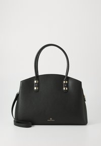 Black synthetic handbag with two rounded handles, gold-tone hardware accents, and a zippered compartment. Smooth texture with a structured shape.