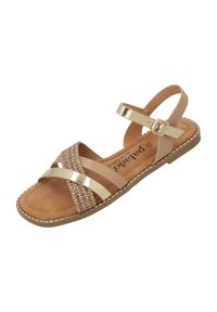 Sandaletta open-toe con una soletta in suede color sabbia, cinturini metallici dorati e un accento intrecciato. Presenta una fibbia per la caviglia regolabile e una suola piatta.