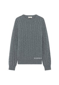 Maglione grigio a maglia con maniche lunghe, scollatura rotonda e orlo a coste. Presenta un sottile dettaglio del logo nella parte inferiore.
