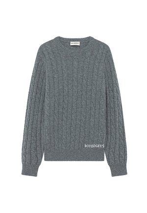 Maglione grigio a maglia con maniche lunghe, scollatura rotonda e orlo a coste. Presenta un sottile dettaglio del logo nella parte inferiore.