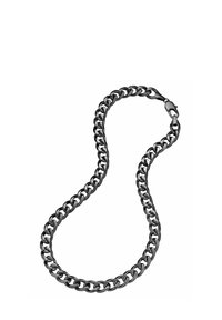 Collana in metallo nero con anelli intrecciati, caratterizzata da una finitura lucida e una chiusura a scatto sicura. Texture liscia e design durevole.