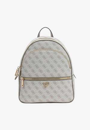 Zaino color crema con finiture dorate, motivo logo caratteristico, due scomparti con cerniera, parte superiore arrotondata e spallacci regolabili.