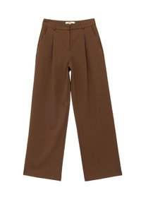Pantalones de pierna ancha marrones con pliegues, que presentan una textura suave y un corte ajustado. Hechos de un material ligero.
