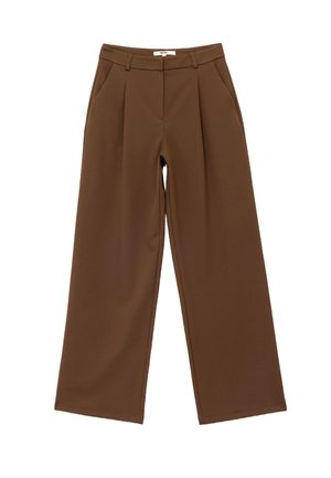 Brune brede bukser med folder, der har en glat tekstur og en skræddersyet pasform. Lavet af et letvægtsmateriale.