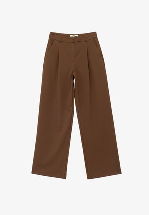 Brown wide-leg trousers with pleats, featuring a smooth texture and a tailored fit. Made from a lightweight material.