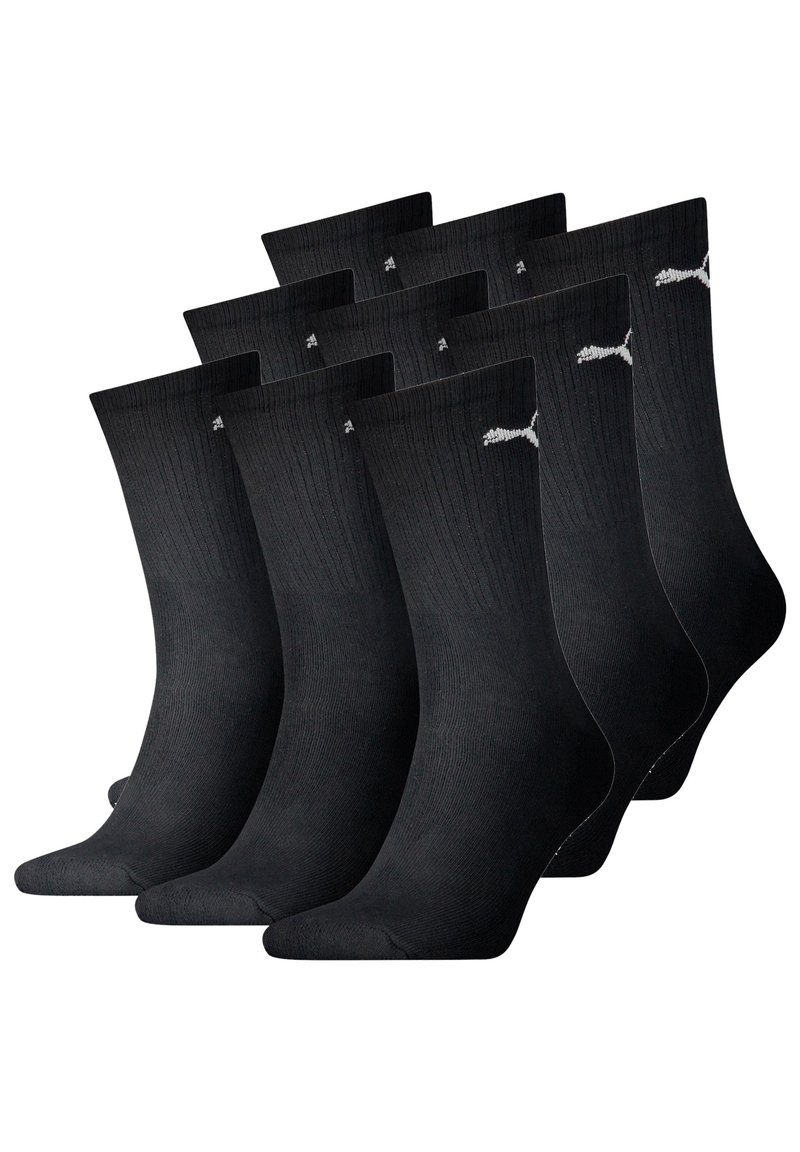 Schwarze Crew-Socken aus geripptem Material, mit einem weißen Logo an der Seite. Set aus sechs Paaren mit einheitlichem Design und klassischer Form.