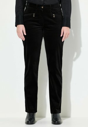 Pantaloni in corduroy neri con design a gamba dritta, dotati di due tasche frontali con cerniera e piccoli dettagli in metallo.