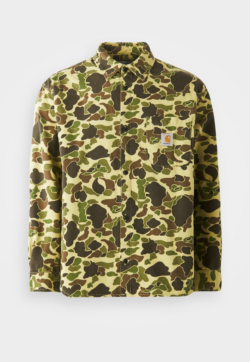 Baumwollhemd mit Knopfleiste, das ein Camouflage-Muster in grünen, braunen und gelben Farbtönen zeigt. Mit Brusttasche und Markenetikett.