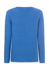 Blaues Langarmoberteil mit gerippter Textur und Rundhalsausschnitt. Schlichtes Design ohne sichtbare Muster oder Akzente.