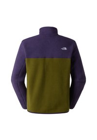 Giacca in pile con una sezione superiore viola e una sezione inferiore verde oliva, con colletto alto e logo The North Face sul retro.