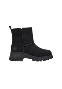 Schwarze Wildleder-Stiefeletten mit abgerundeter Zehe, seitlichem Reißverschluss, strukturiertem Gummisohle und kontrastierenden Nähdetails.