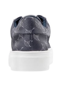 Dark blue sneaker featuring a textured leather upper with a subtle pattern, white rubber sole, and contrasting light blue interior lining.