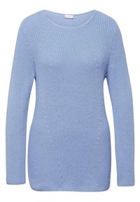 Hellblauer Langarmpullover mit geripptem Strickmuster, rundem Halsausschnitt und strukturierten Akzenten entlang der Nähte.