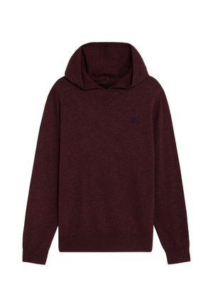 Sudadera con capucha de punto granate de manga larga con puños y dobladillo acanalados, con un pequeño logo oscuro en el pecho izquierdo.