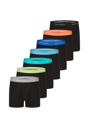 Zeven zwarte boxershorts op een rij, elk met een andere gekleurde tailleband met label "Happy Shorts."