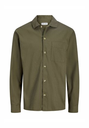 Langærmet skjorte i olivengrøn, lavet af tekstureret stof. Har krave, knapper foran og en brystlomme.