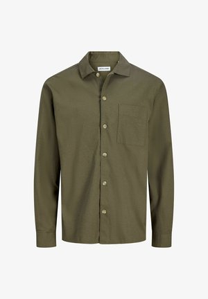 Langærmet skjorte i olivengrøn, lavet af tekstureret stof. Har krave, knapper foran og en brystlomme.