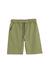 Grüne Shorts aus strukturiertem Stoff, mit einem elastischen Bund, verstellbarem Kordelzug und zwei Seitentaschen.