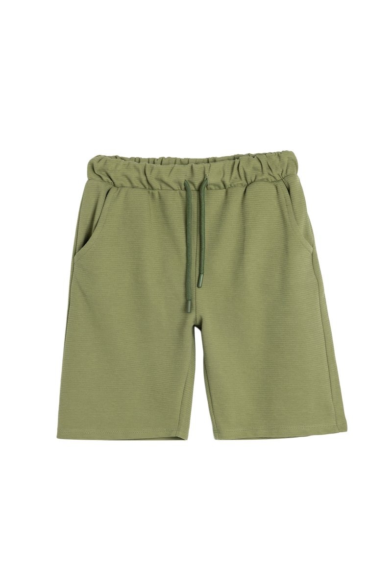 Grüne Shorts aus strukturiertem Stoff, mit einem elastischen Bund, verstellbarem Kordelzug und zwei Seitentaschen.