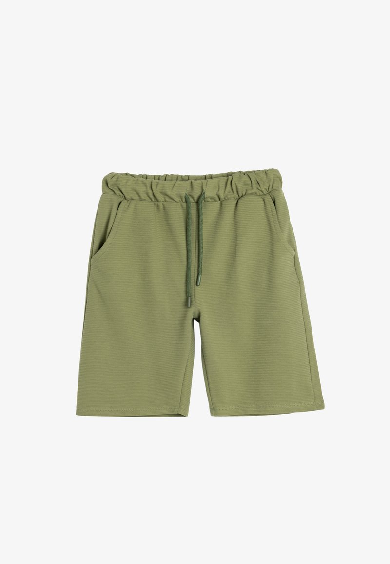 Grüne Shorts aus strukturiertem Stoff, mit einem elastischen Bund, verstellbarem Kordelzug und zwei Seitentaschen.