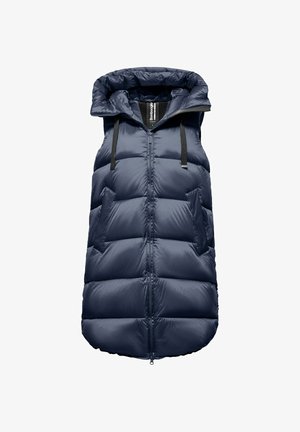 Navyblauwe puffervest met een hoge kraag, rits aan de voorkant, twee zijzakken en verstelbare zwarte trekkoorden op de capuchon. Gladde textuur.